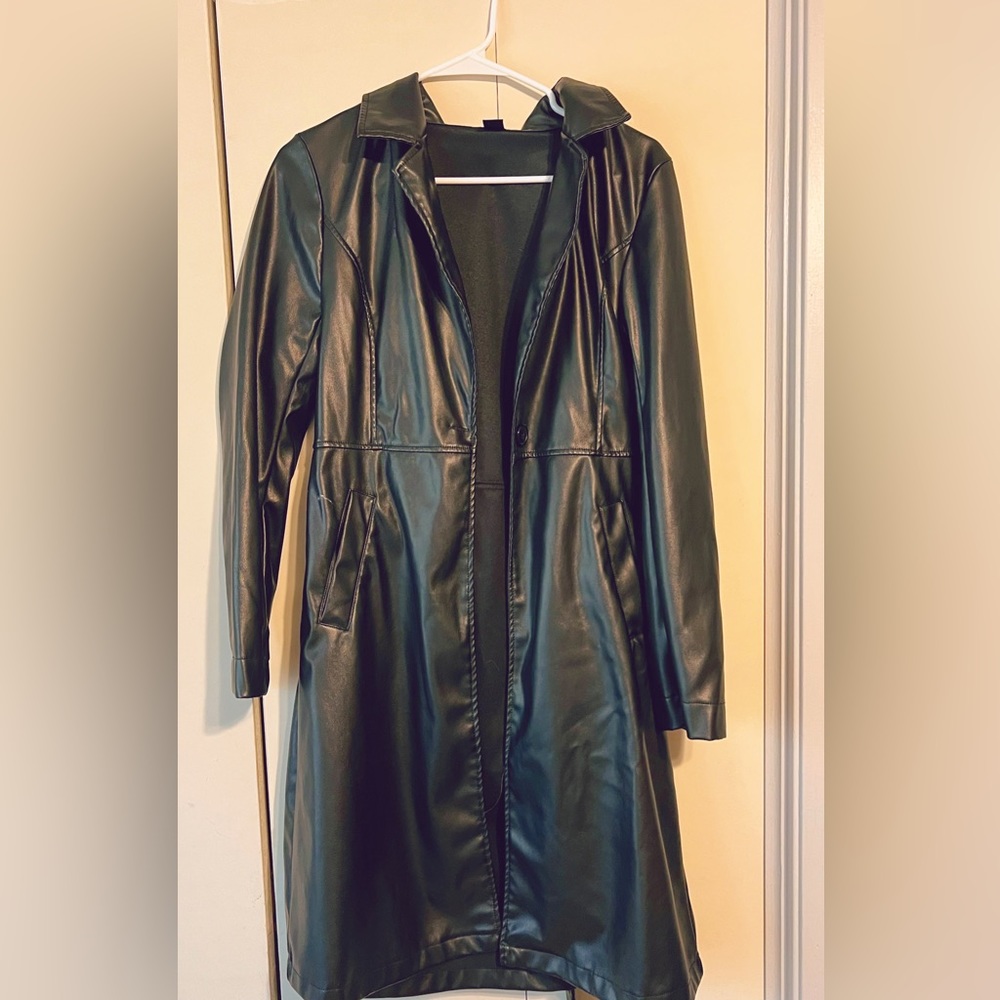 Shein faux leather long jacket with belt
